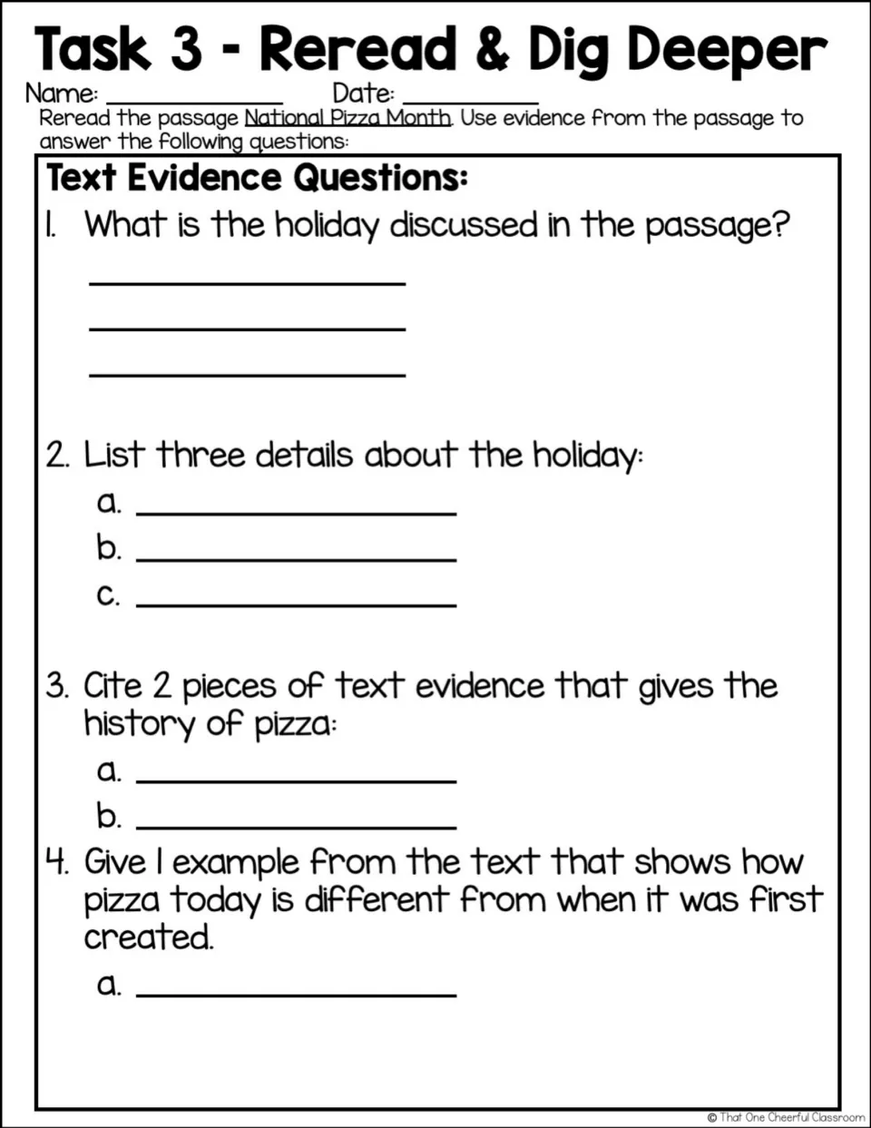 Task 3 Reread and Dig Deeper: text evidence questions on the holiday, pizza history and how pizza has changed over time