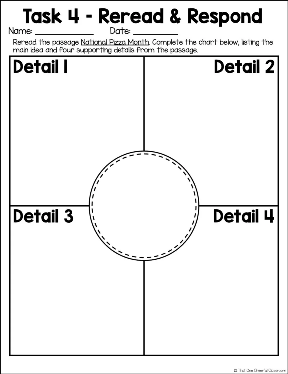 Task 4 Reread and Respond: students write the passage's main idea in the center and four supporting details around it
