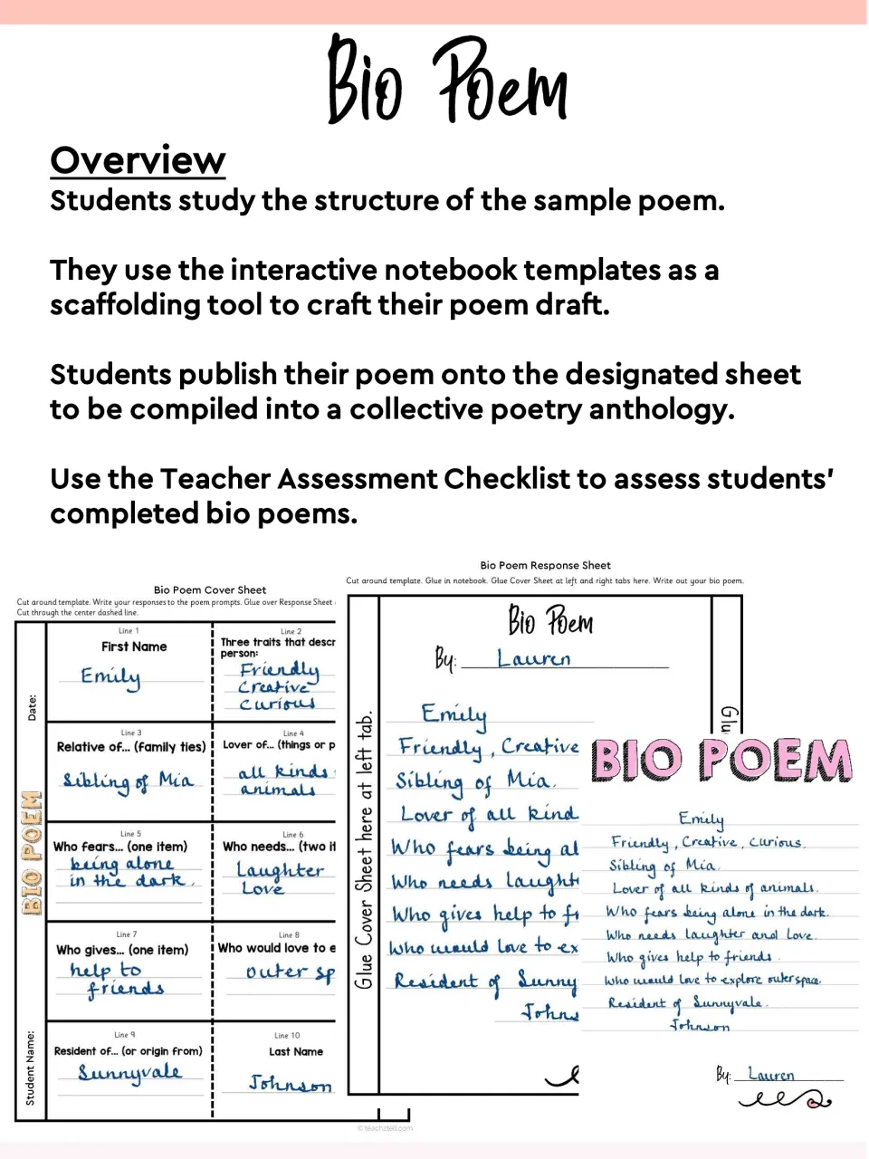 Bio poem overview: study a sample poem, draft with notebook templates, publish for a class anthology, assess by checklist