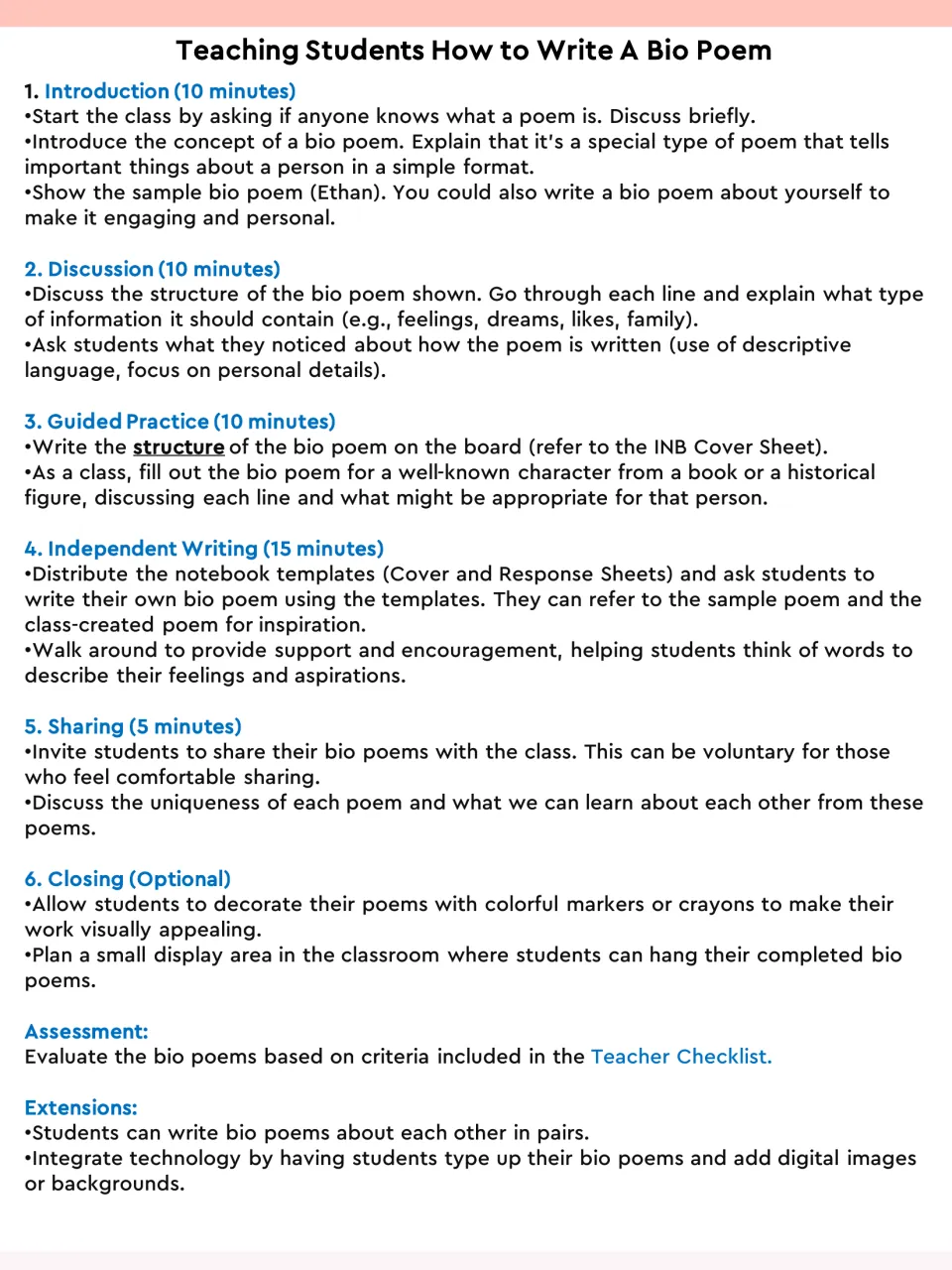 Lesson plan for teaching bio poems: timed intro, discussion, guided practice, independent writing, sharing and extensions