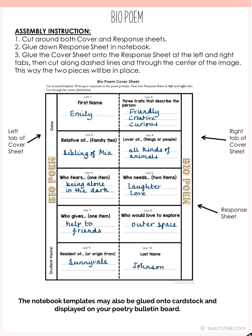 Bio poem assembly steps: cut both sheets, glue the response sheet in a notebook, attach the cover sheet at its side tabs