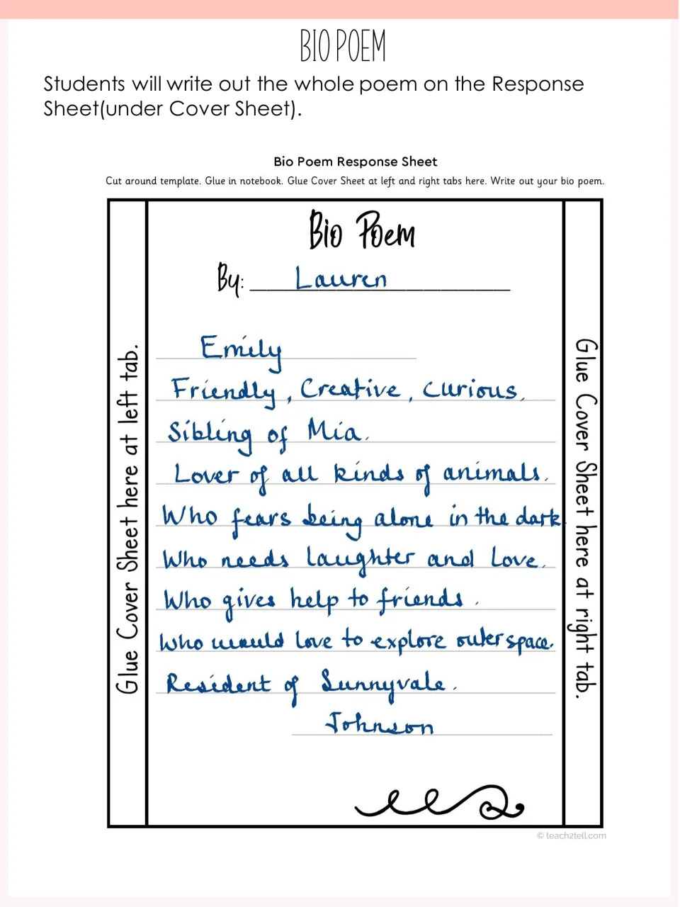 Sample response sheet: a student named Lauren writes out a full 10-line bio poem about Emily Johnson of Sunnyvale
