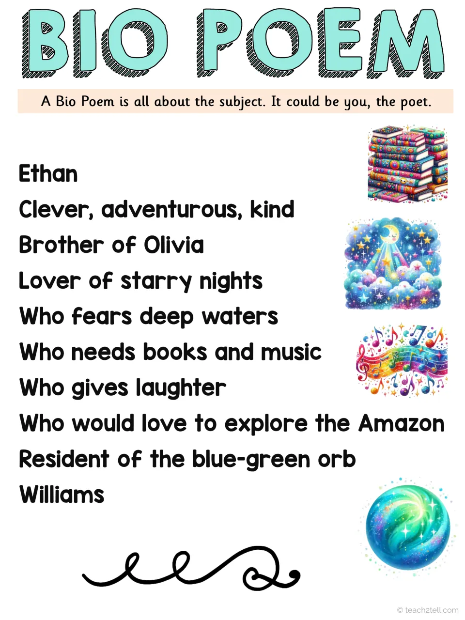 Model bio poem in color about Ethan Williams, from traits and family to fears, needs and dreams, with book and star art