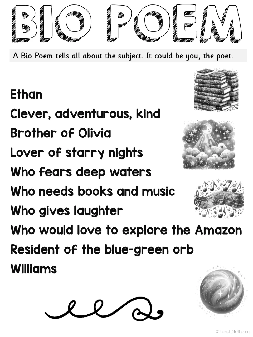 Black-and-white printable version of the Ethan Williams model bio poem, ten lines from first name to last name