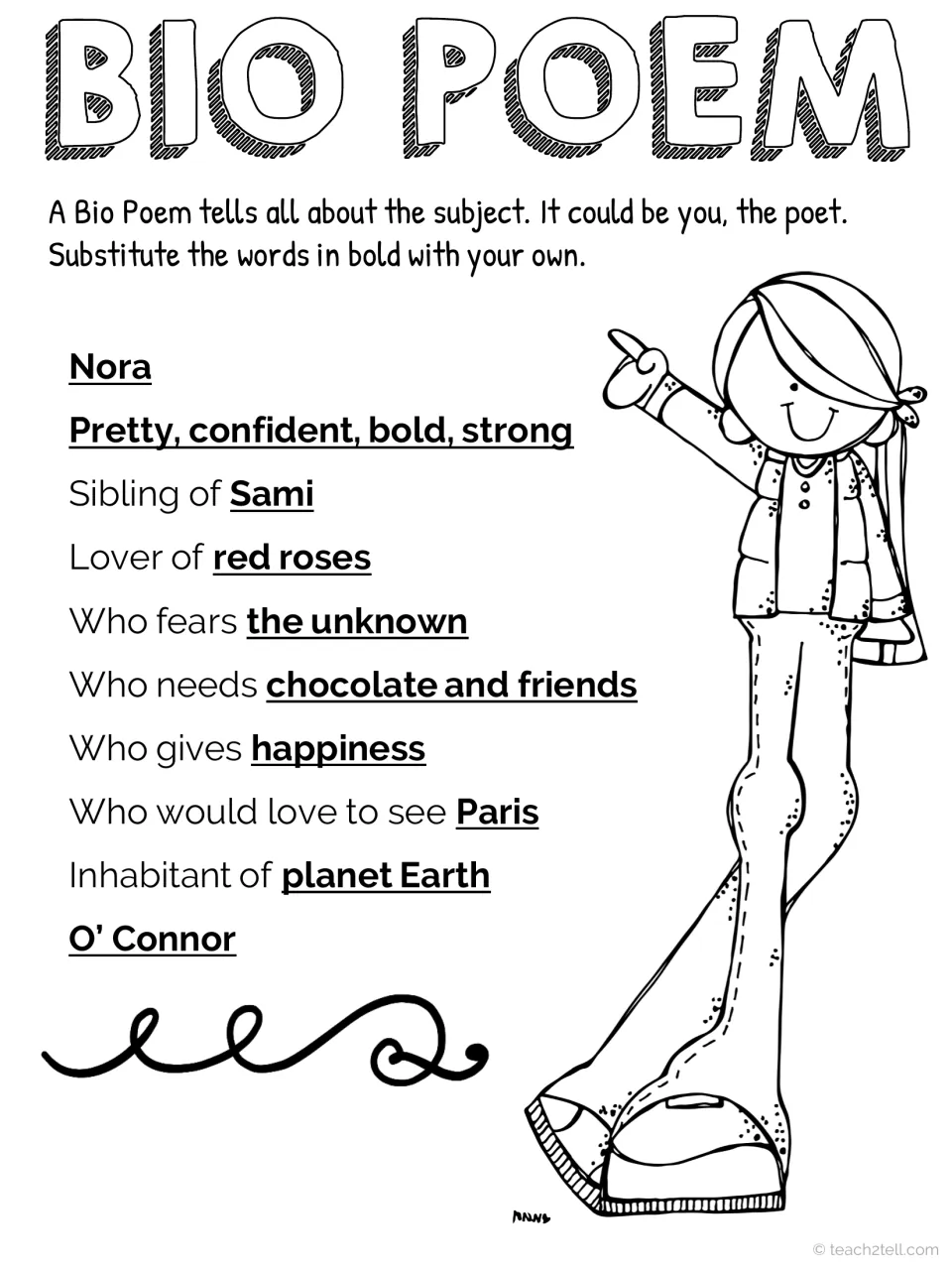 Bio poem frame about Nora O'Connor with bold words students substitute with their own details to build a personal poem
