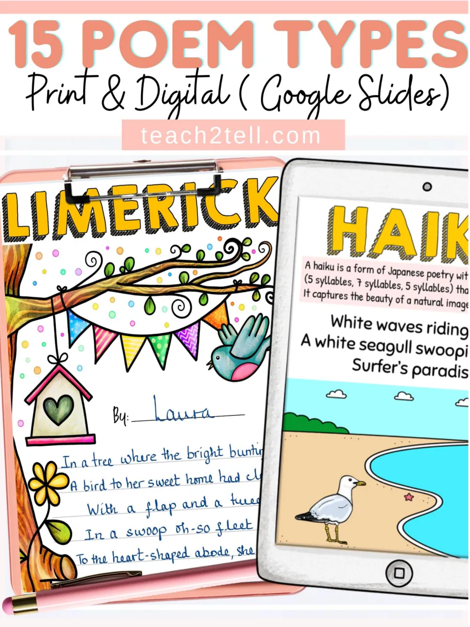 Poetry resource cover introducing 15 poem types in print and Google Slides, with limerick and haiku samples