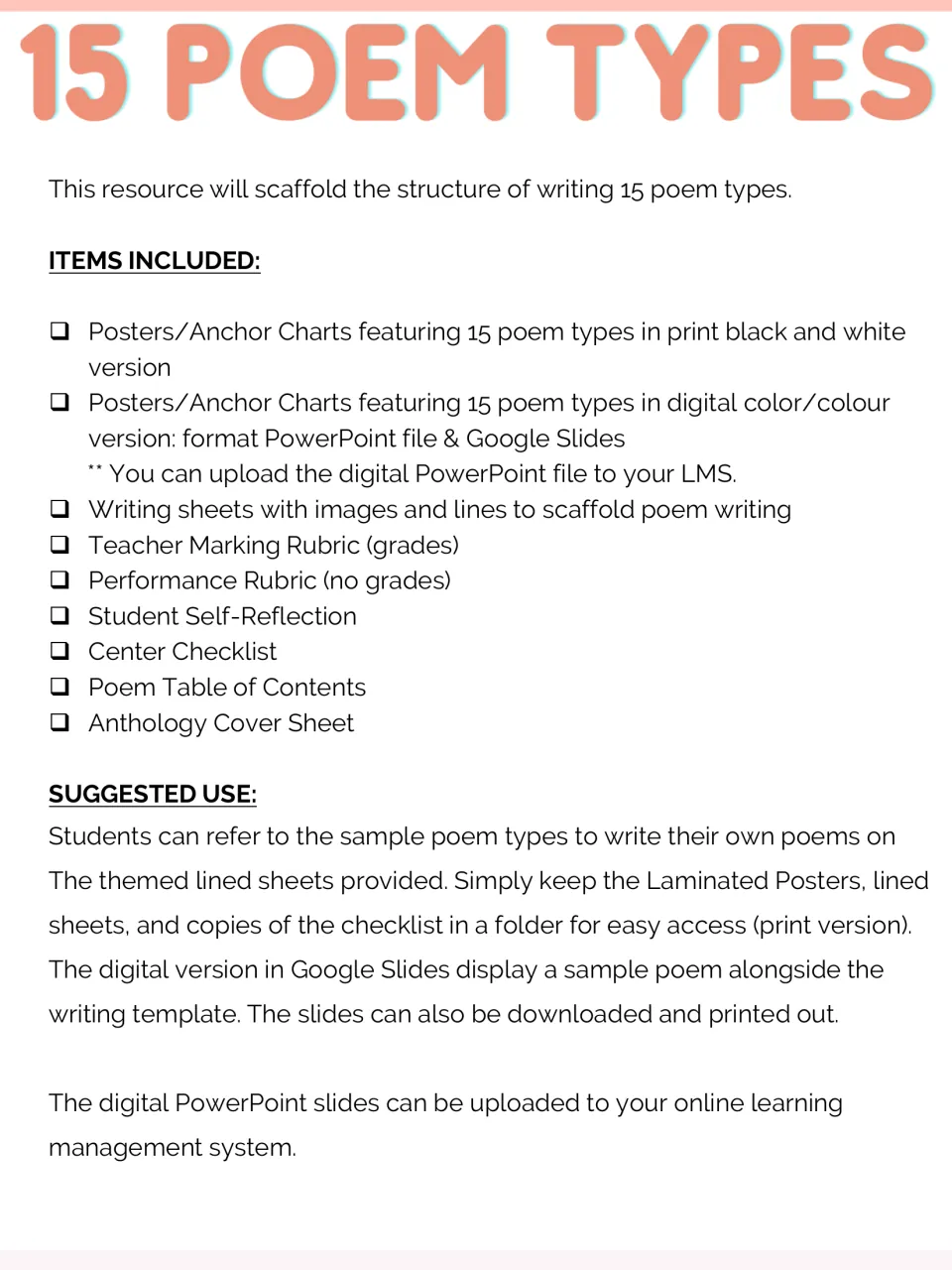 Teacher overview lists poetry anchor charts, writing sheets, rubrics, reflection, and anthology materials