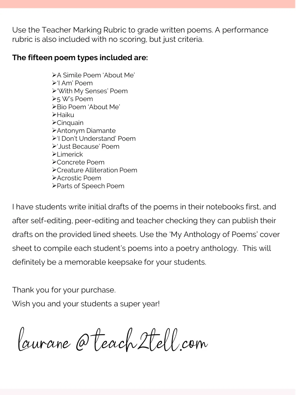 Teacher directions list all 15 poem types and explain drafting, editing, and compiling a poetry anthology