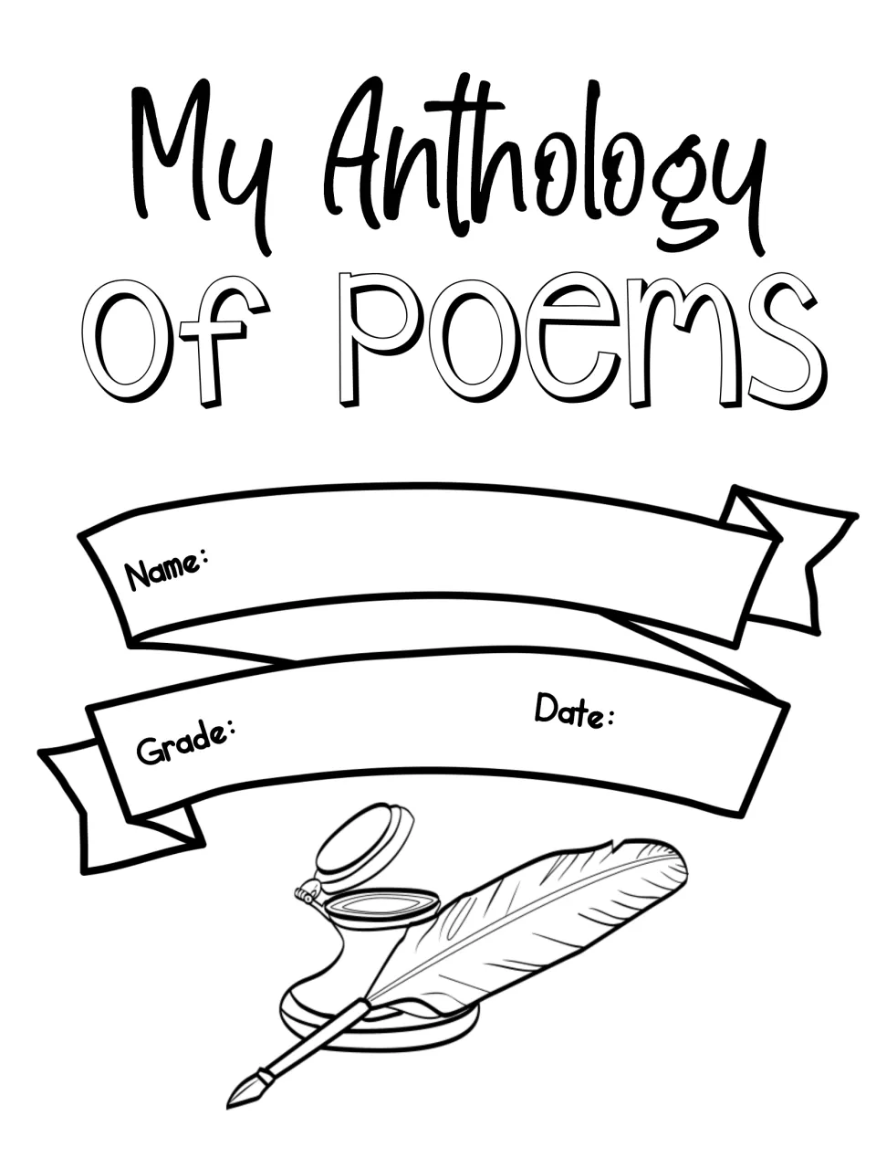 Student anthology cover titled “My Anthology of Poems,” with spaces to record name, grade, and date