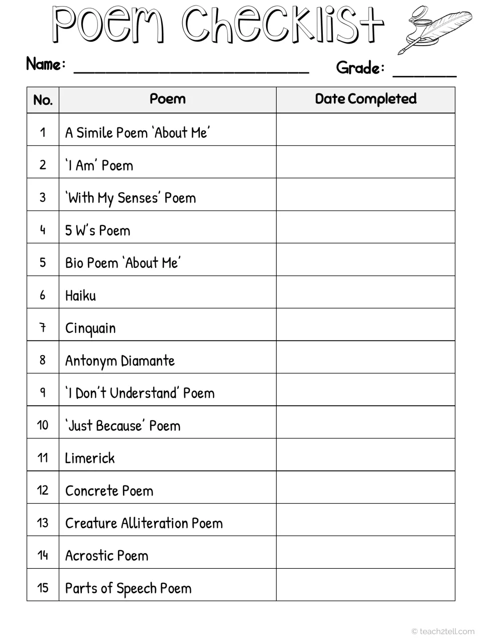 Poem checklist lists all 15 poetry tasks and provides a place to record the date each poem is completed