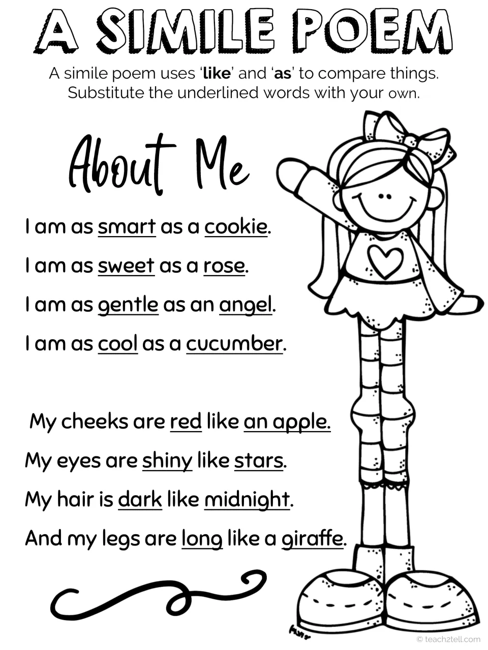 Simile poem anchor chart models “About Me” comparisons using “like” and “as,” with words for students to replace