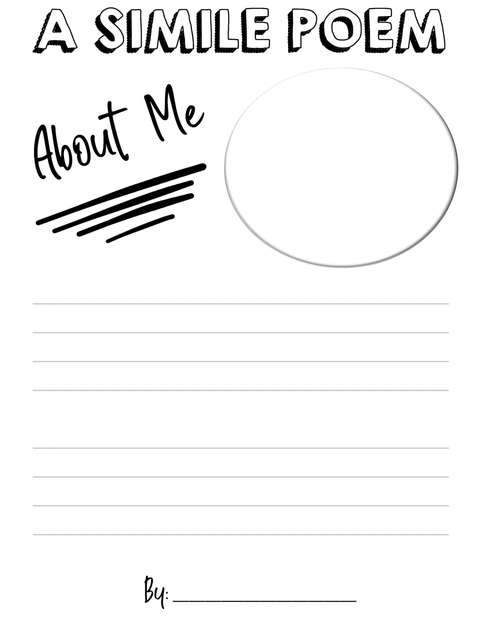 “About Me” simile poem writing template gives students space to write their own poem and identify the author