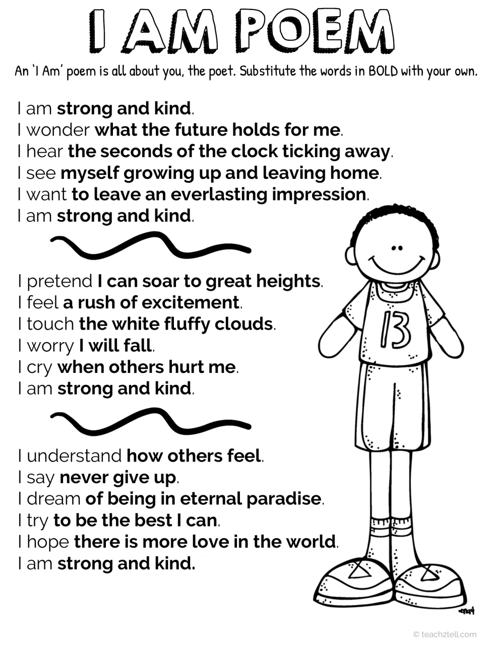 “I Am” poem anchor chart models three stanzas about identity and feelings, repeating “I am strong and kind”