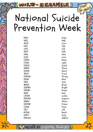 National Suicide Prevention Week word Scramble puzzle worksheet – sample page 2