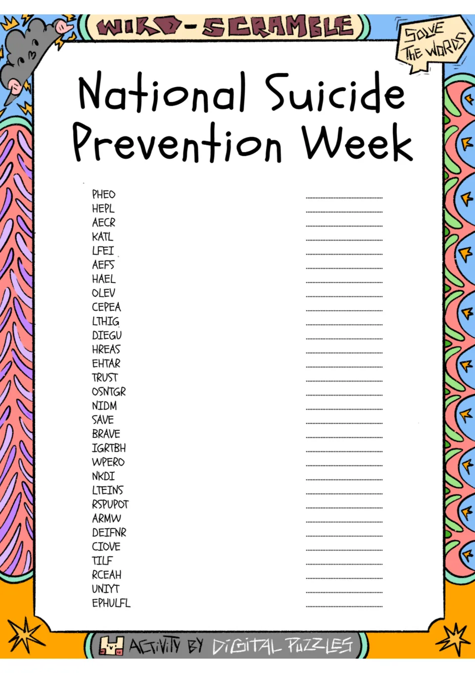 Suicide prevention word scramble: students unscramble 30 words like PHEO, HEPL and AECR and write each answer on its line