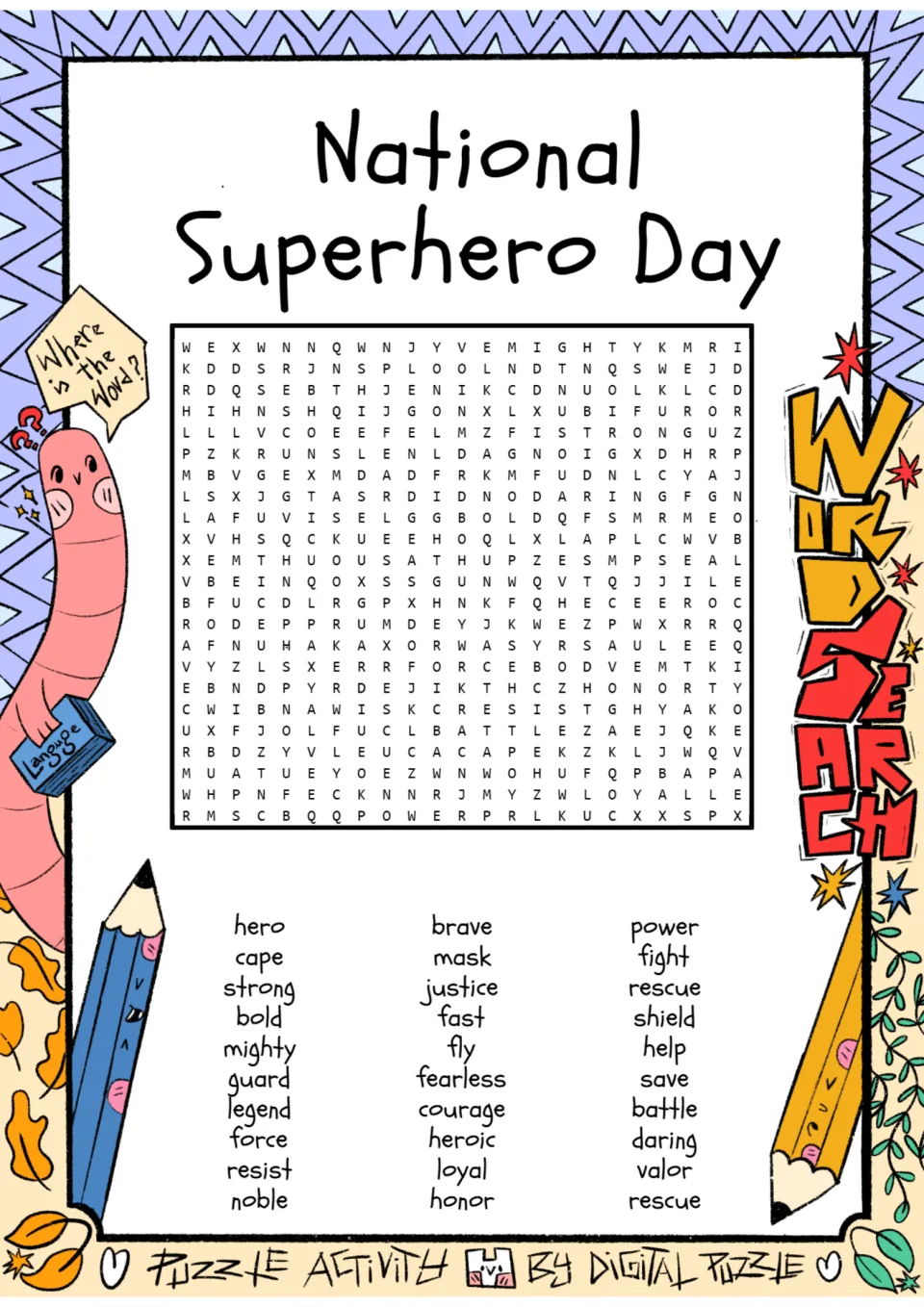 Superhero Day word search: students find hero words like brave, cape, justice, shield and courage in the letter puzzle