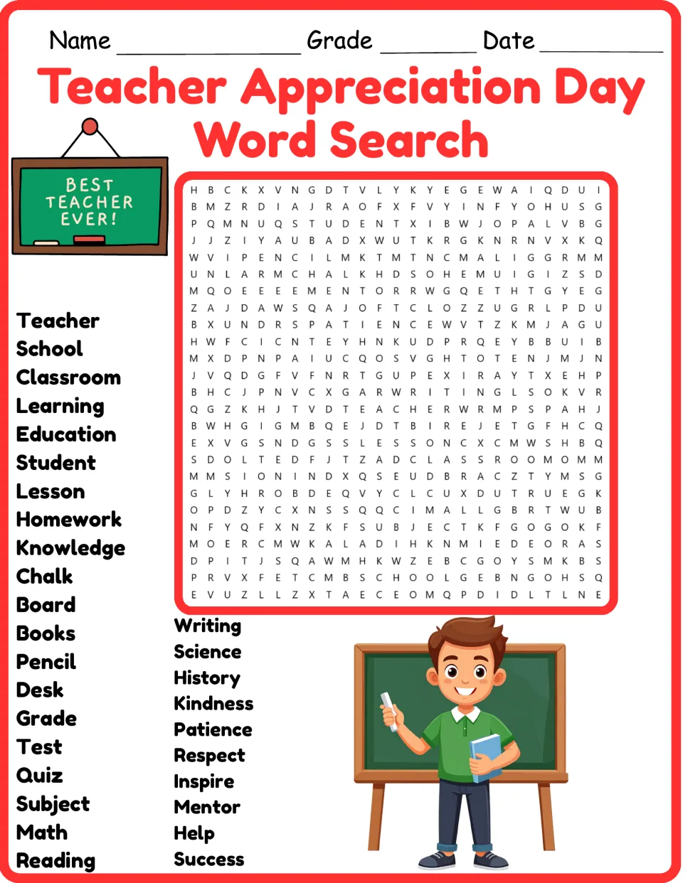 Teacher Appreciation Day word search in color: students find 30 words like Classroom, Kindness and Mentor