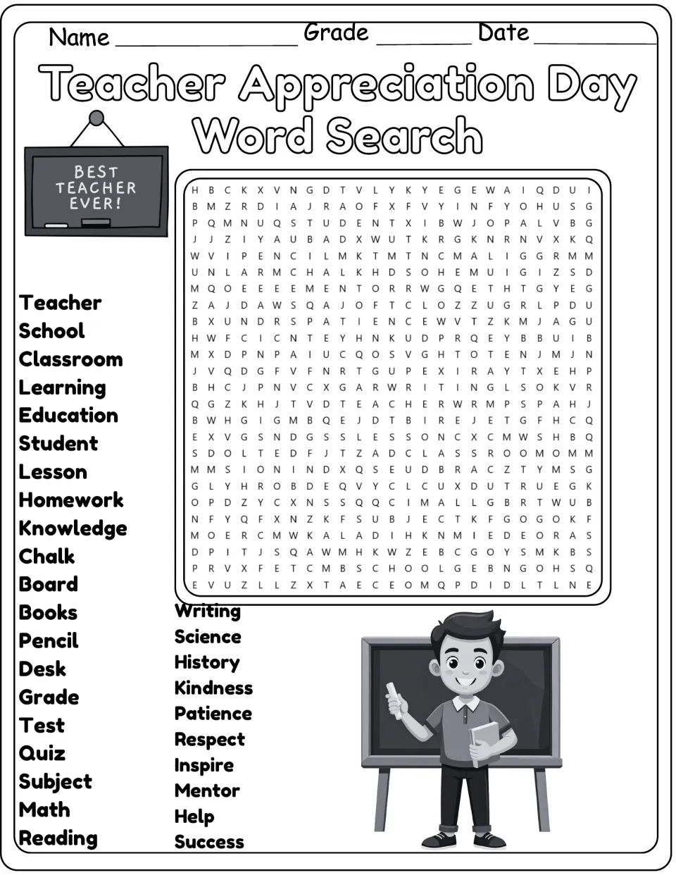 Black-and-white version of the teacher word hunt: find Homework, Patience, Respect and 27 more school words
