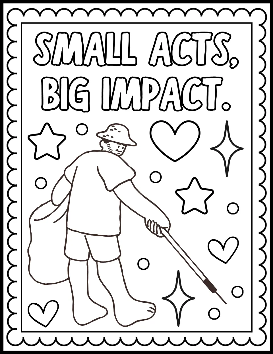 Small Acts, Big Impact coloring page: students color a volunteer in a sun hat picking up litter with a grabber and bag