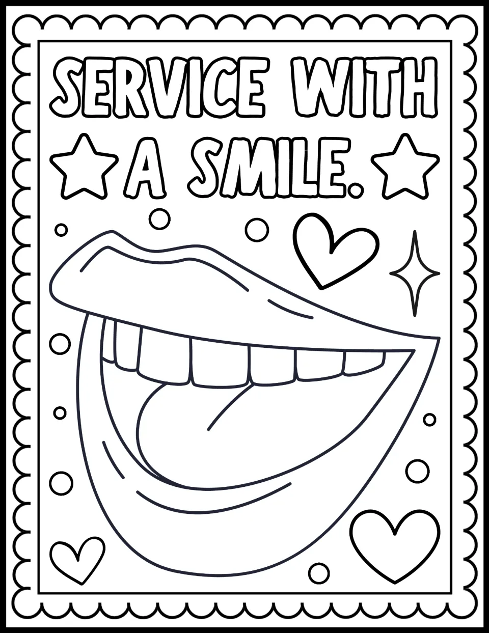 Service With a Smile coloring page: children color a large smiling open mouth with teeth, plus stars, hearts and sparkles