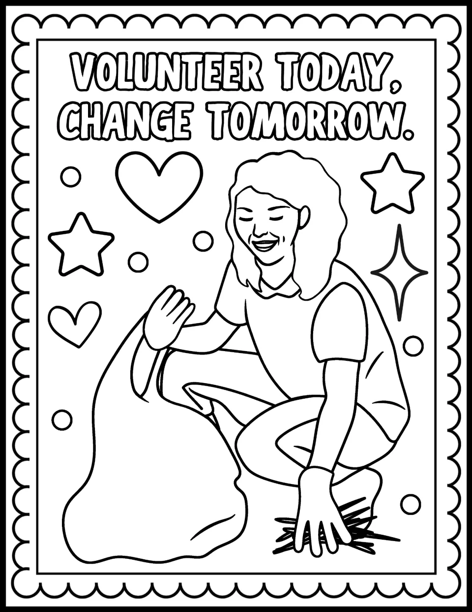 Volunteer Today, Change Tomorrow: kids color a smiling woman in gloves kneeling to gather litter into a large trash bag