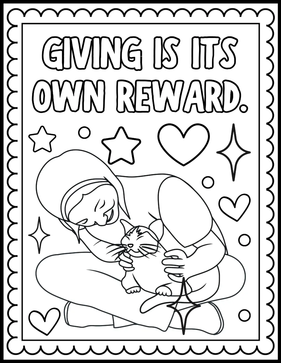 Giving Is Its Own Reward: students color a person sitting cross-legged and cuddling a happy kitten, with stars and hearts