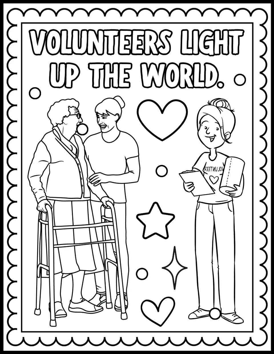 Volunteers Light Up the World: color a helper beside an older woman with a walker and a volunteer holding a clipboard
