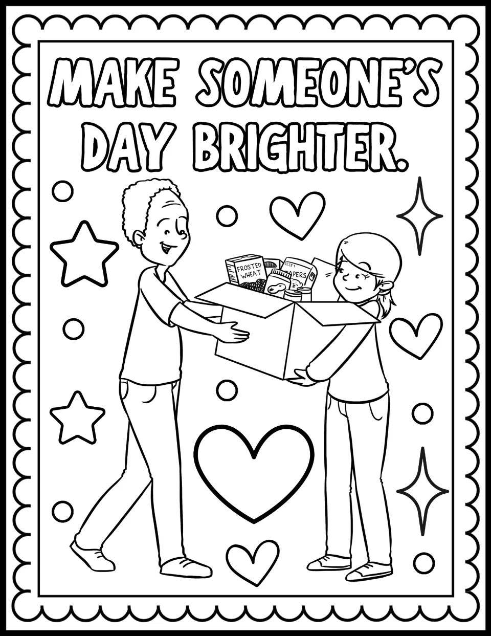 Make Someone's Day Brighter: children color two people sharing a donation box of food such as Frosted Wheat cereal