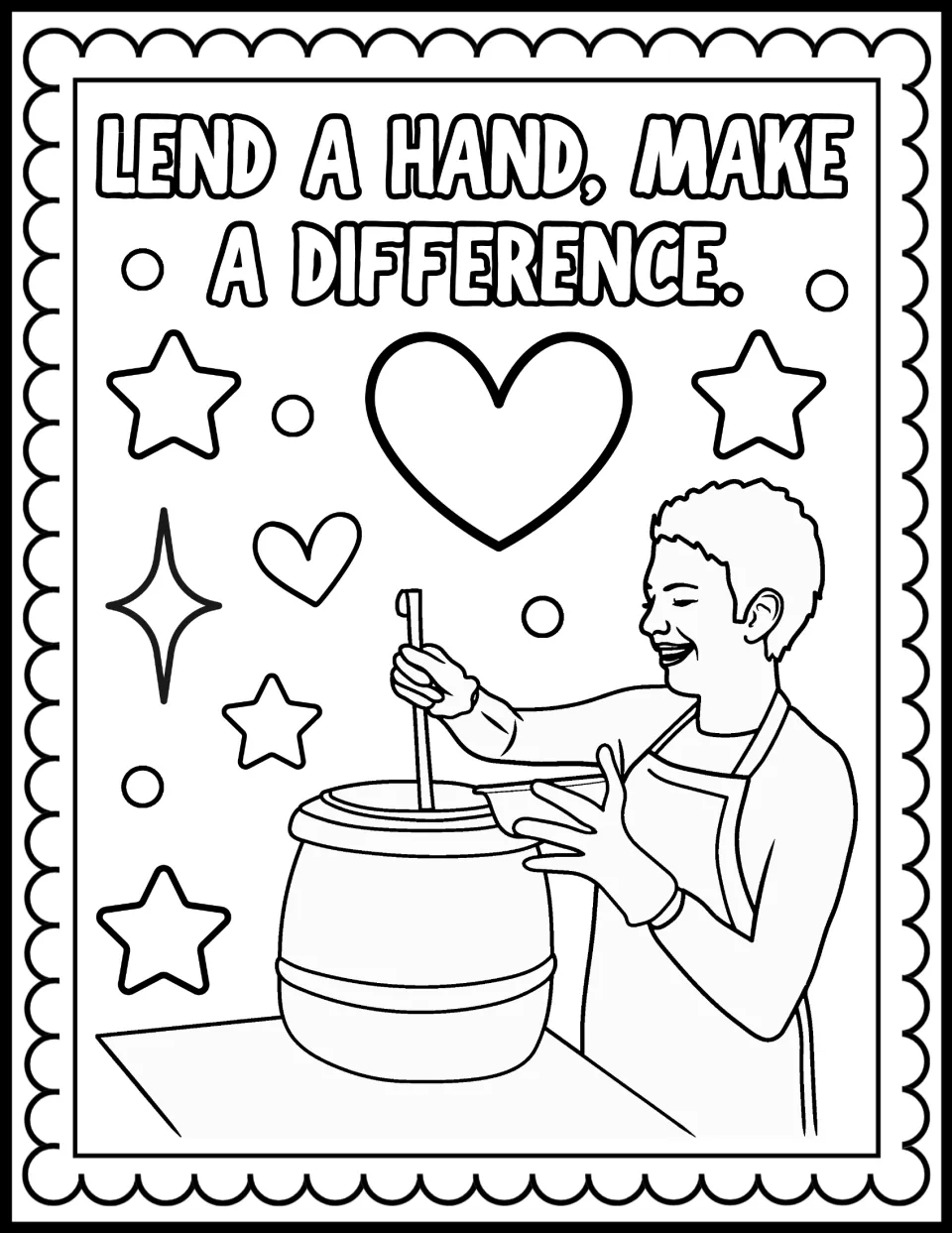 Lend a Hand, Make a Difference: students color a smiling volunteer in an apron stirring a big pot with a long spoon