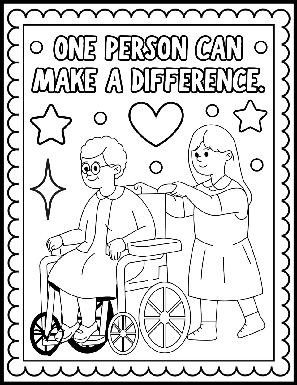 One Person Can Make a Difference: color a girl pushing an older woman with glasses in a wheelchair, plus stars and a heart