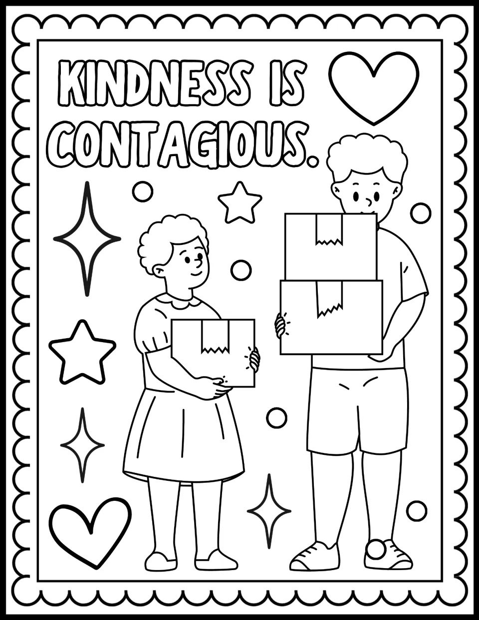 Kindness Is Contagious: kids color two children carrying taped cardboard boxes, one holding a single box, one a stack