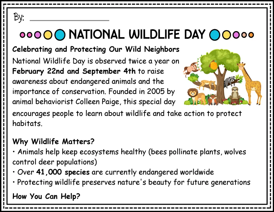 National Wildlife Day reading passage opening: observance dates, conservation, and why wildlife matters
