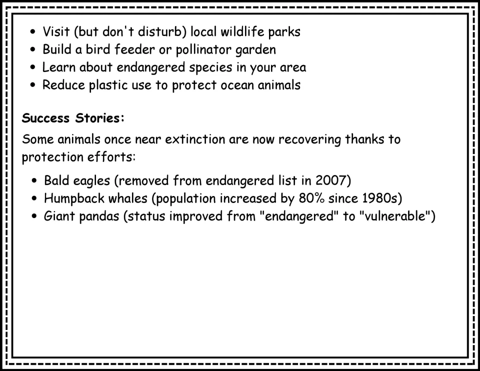 Reading passage continuation: ways to help wildlife and recovery stories about eagles, whales, and pandas