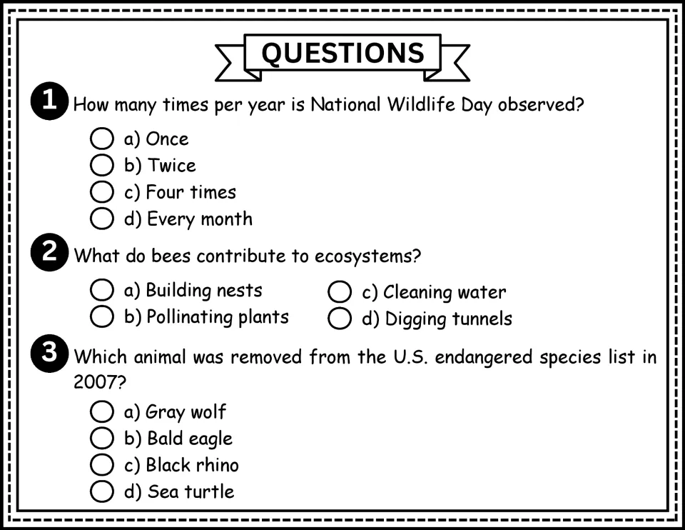 Comprehension questions 1–3: observance frequency, bees pollinating plants, and bald eagle protection status