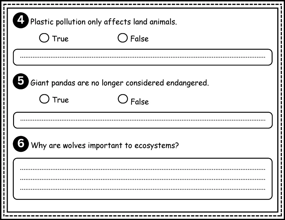 Comprehension questions 4–6: true-or-false statements about plastic and pandas, plus wolves in ecosystems