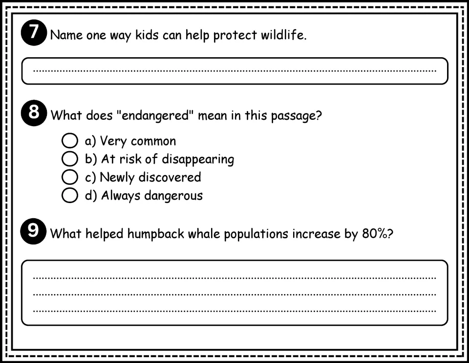 Comprehension questions 7–9: helping wildlife, the meaning of endangered, and humpback whale recovery