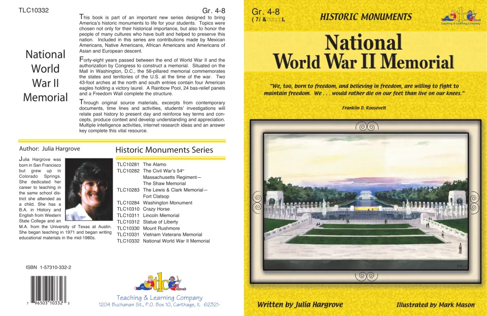 WWII Memorial book front and back covers: memorial painting, FDR quote, author bio and book summary