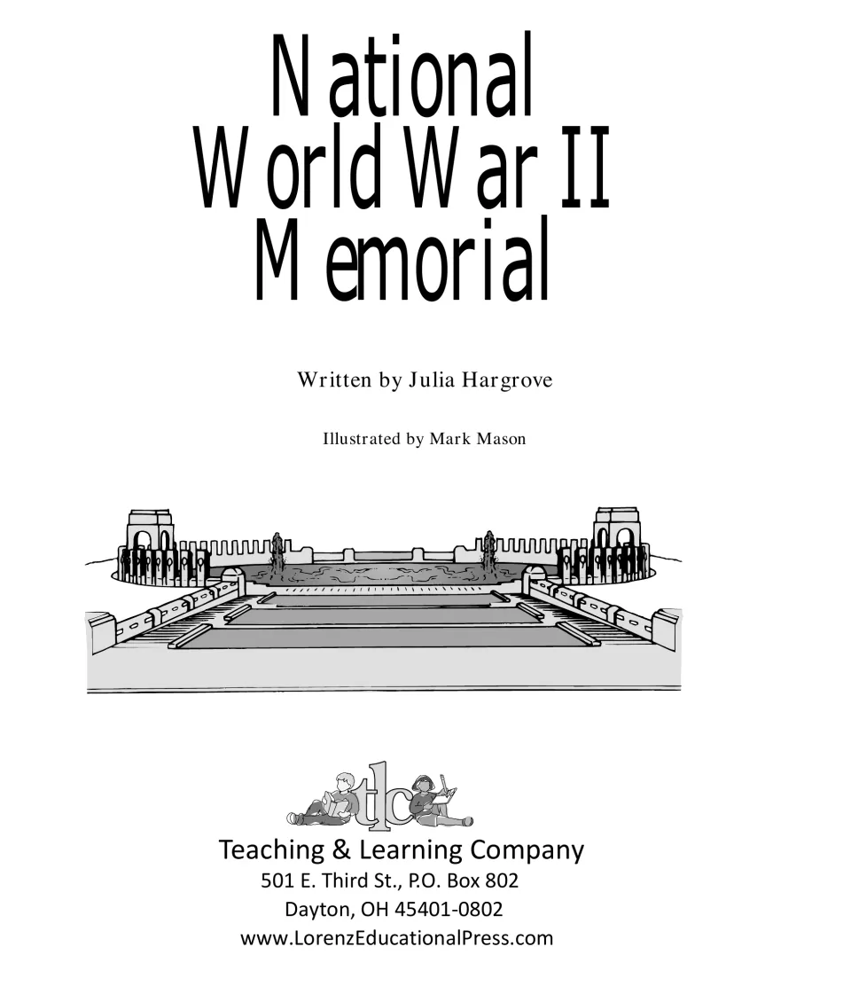 Title page naming author Julia Hargrove and illustrator Mark Mason, with a line drawing of the memorial plaza