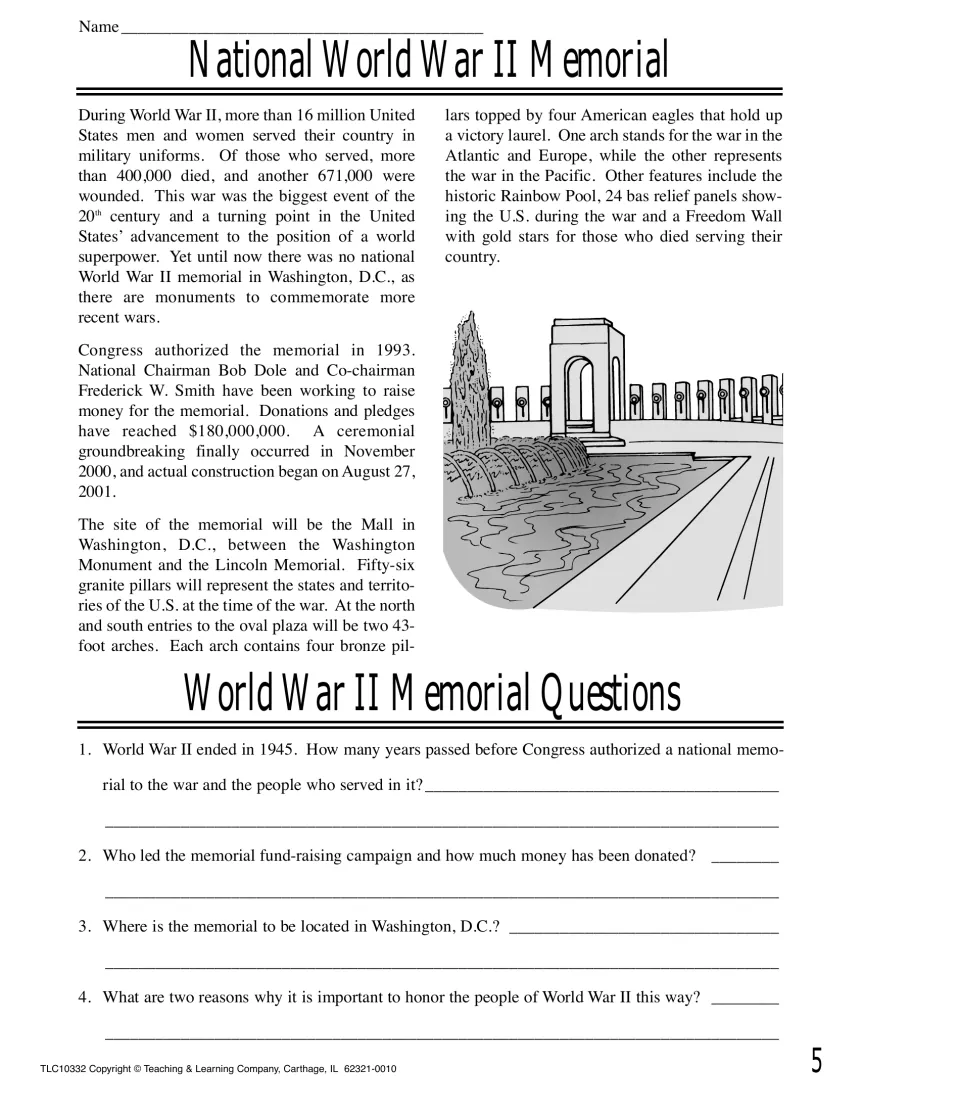 Reading on the WWII Memorial's 56 pillars, 43-foot arches and Rainbow Pool, then 4 questions about the memorial
