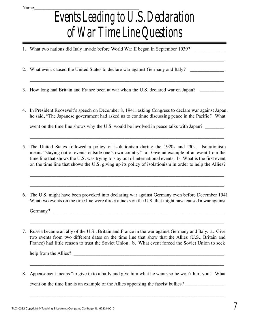 Eight time line questions on Italy's invasions, isolationism, appeasement and why the U.S. entered the war