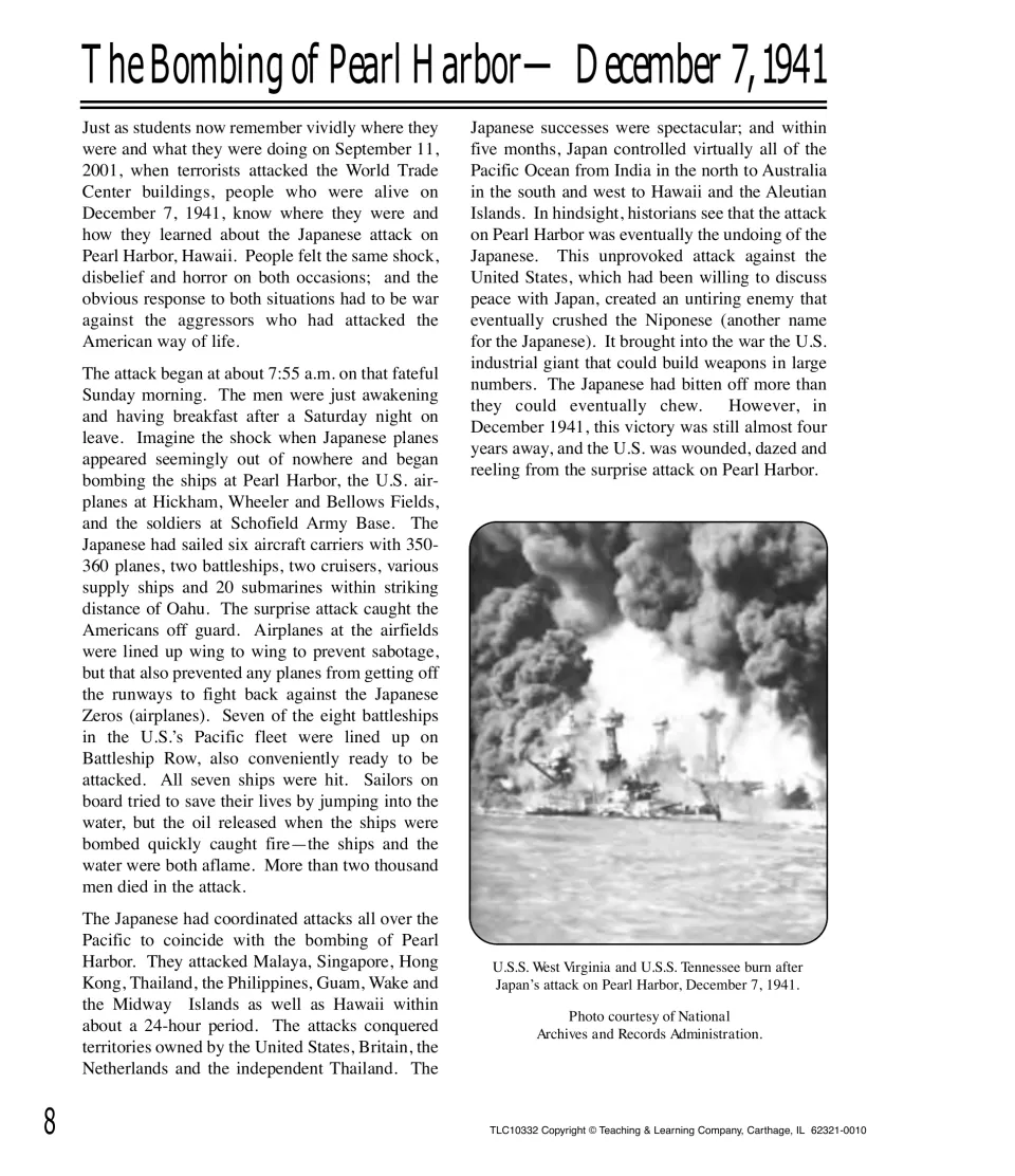 Pearl Harbor reading on the December 7, 1941 attack, with a photo of the burning USS West Virginia and Tennessee