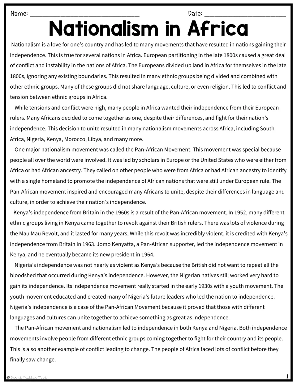 Nationalism in Africa Reading Packet passage on European partitioning, Pan-Africanism, Kenya, and Nigeria