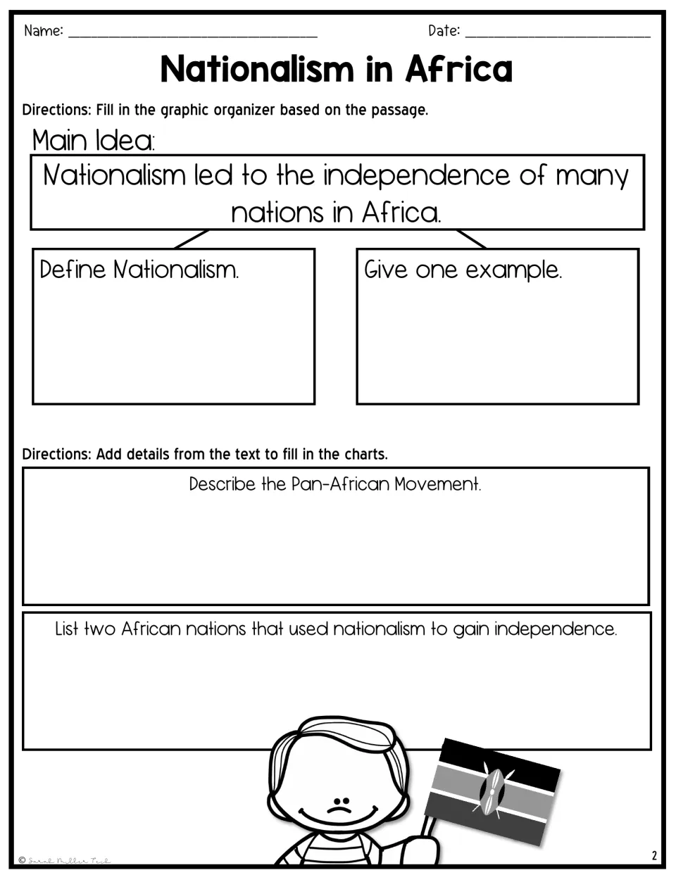 Graphic organizer asks students to define nationalism, describe the Pan-African Movement, and name two nations