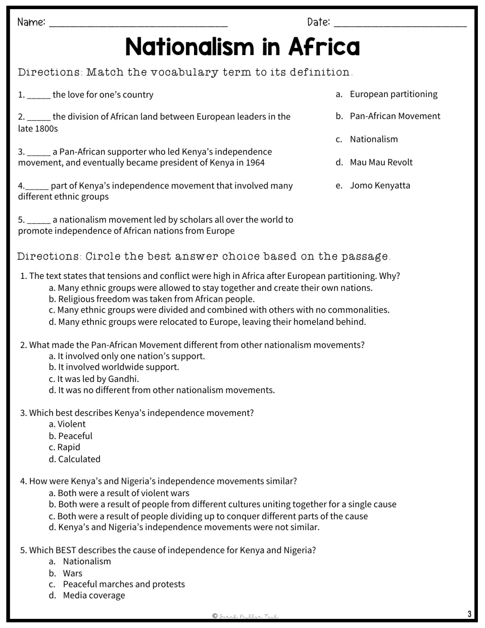 Vocabulary and comprehension practice includes five matching items and five questions on African nationalism