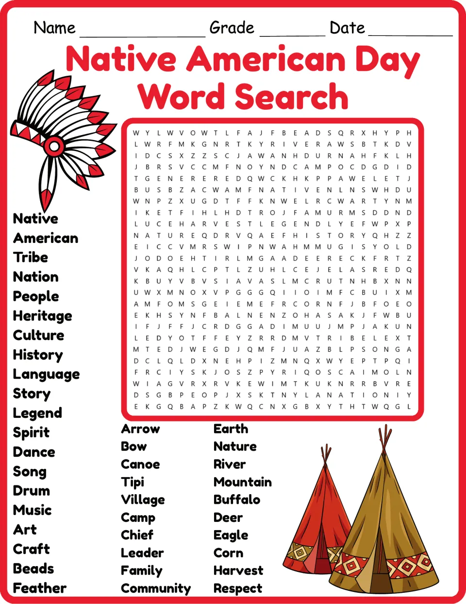 Native American Day word search in color: students find words like tribe, heritage, canoe, buffalo and harvest