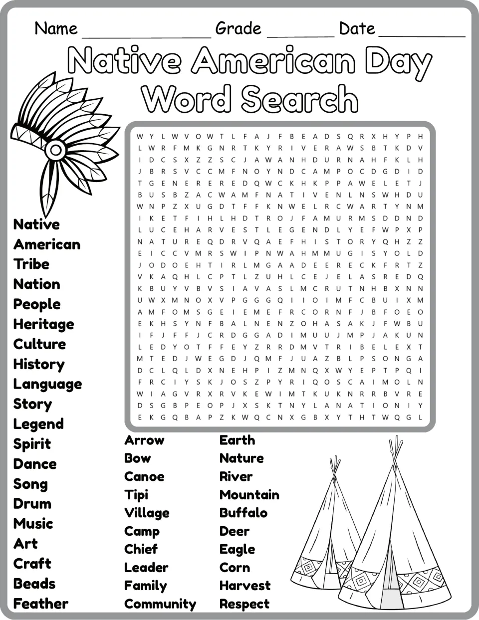 Black-and-white Native American Day word search: find culture, legend, drum, eagle, corn and more from the word bank