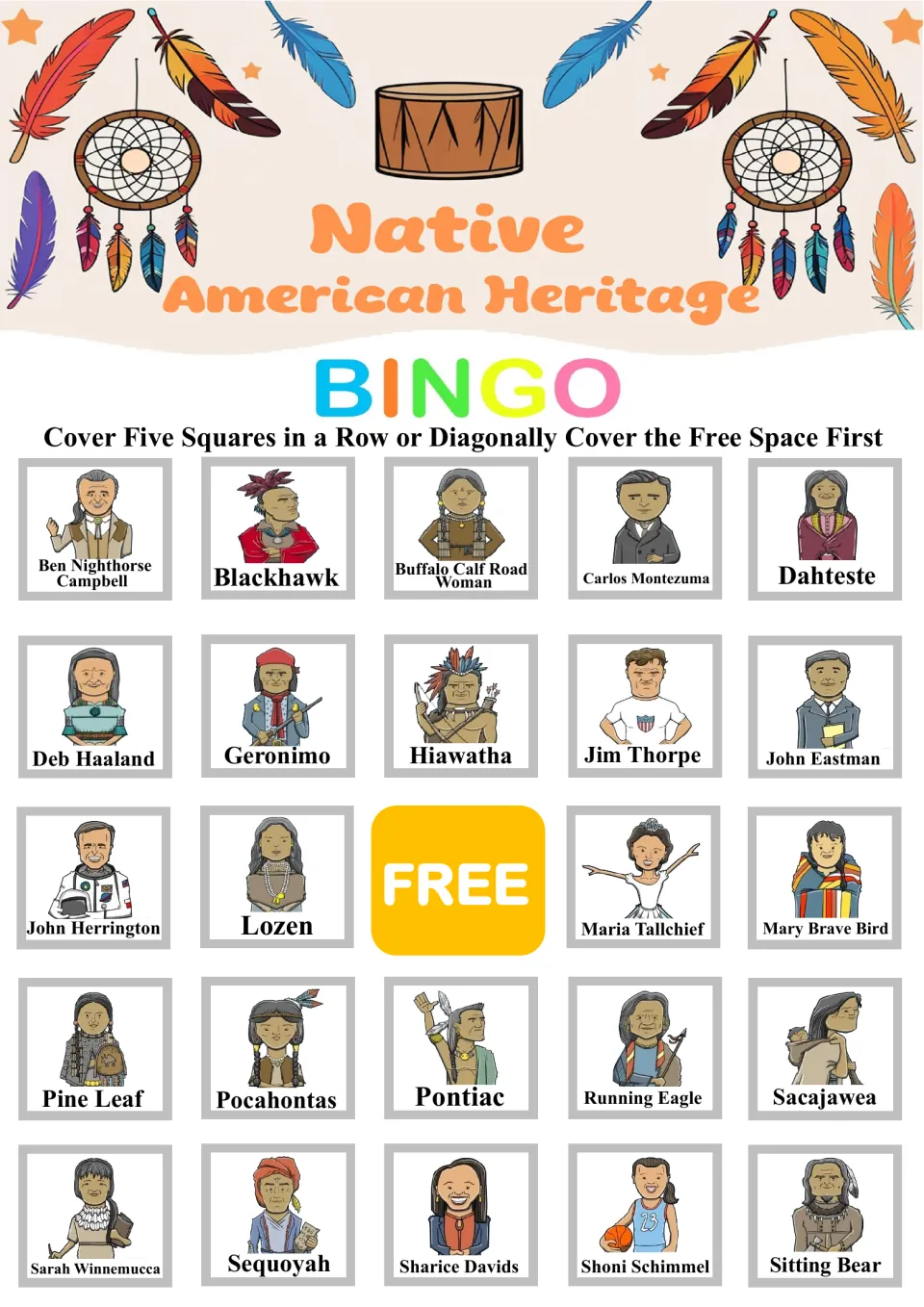 Bingo board 1: Ben Nighthorse Campbell, Blackhawk and 22 other named portraits, plus a free space.