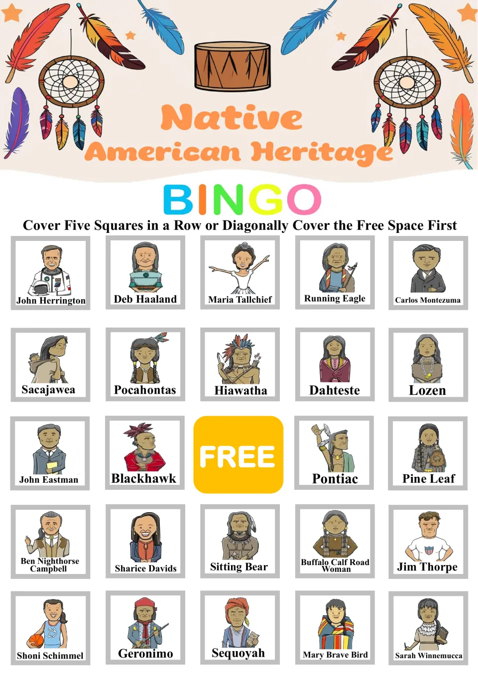 Bingo board 2: John Herrington, Deb Haaland and 22 other named portraits, plus a center free space.