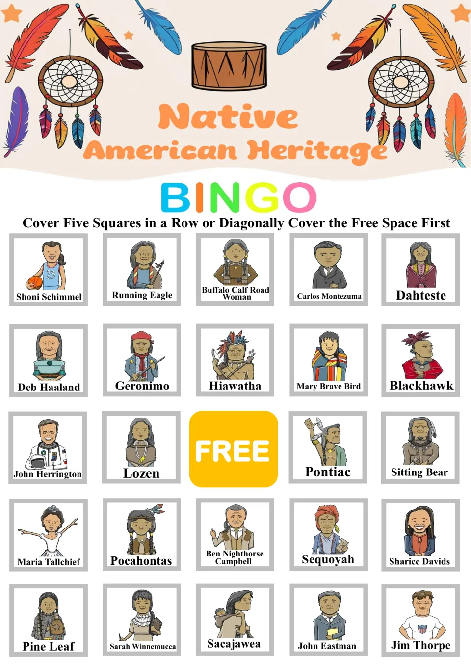 Bingo board 3: Shoni Schimmel, Running Eagle and 22 other named portraits, plus a center free space.