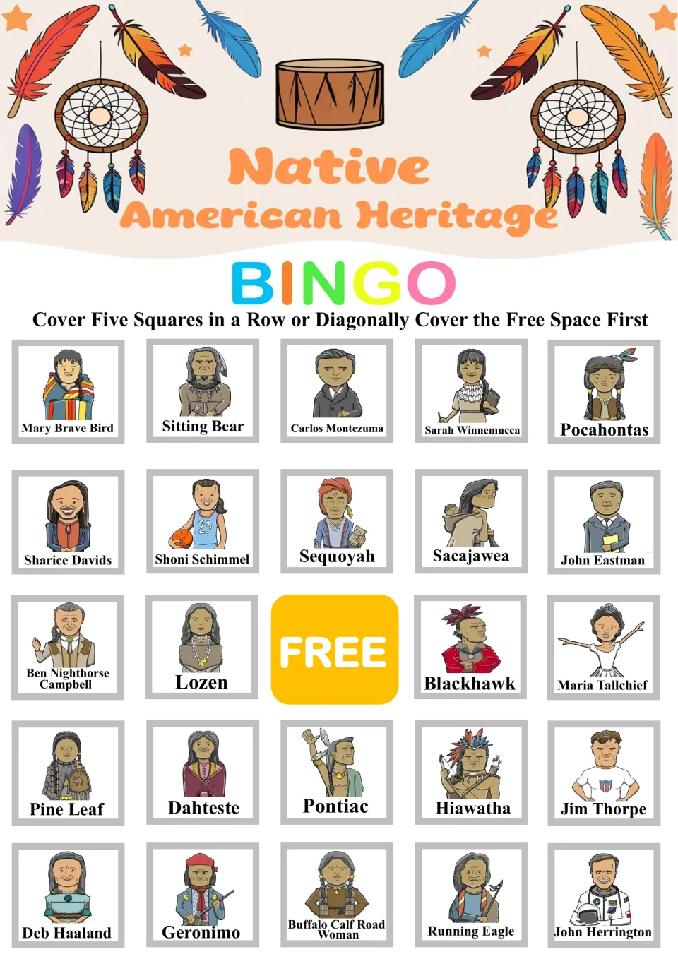 Bingo board 4: Mary Brave Bird, Sitting Bear and 22 other named portraits, plus a center free space.